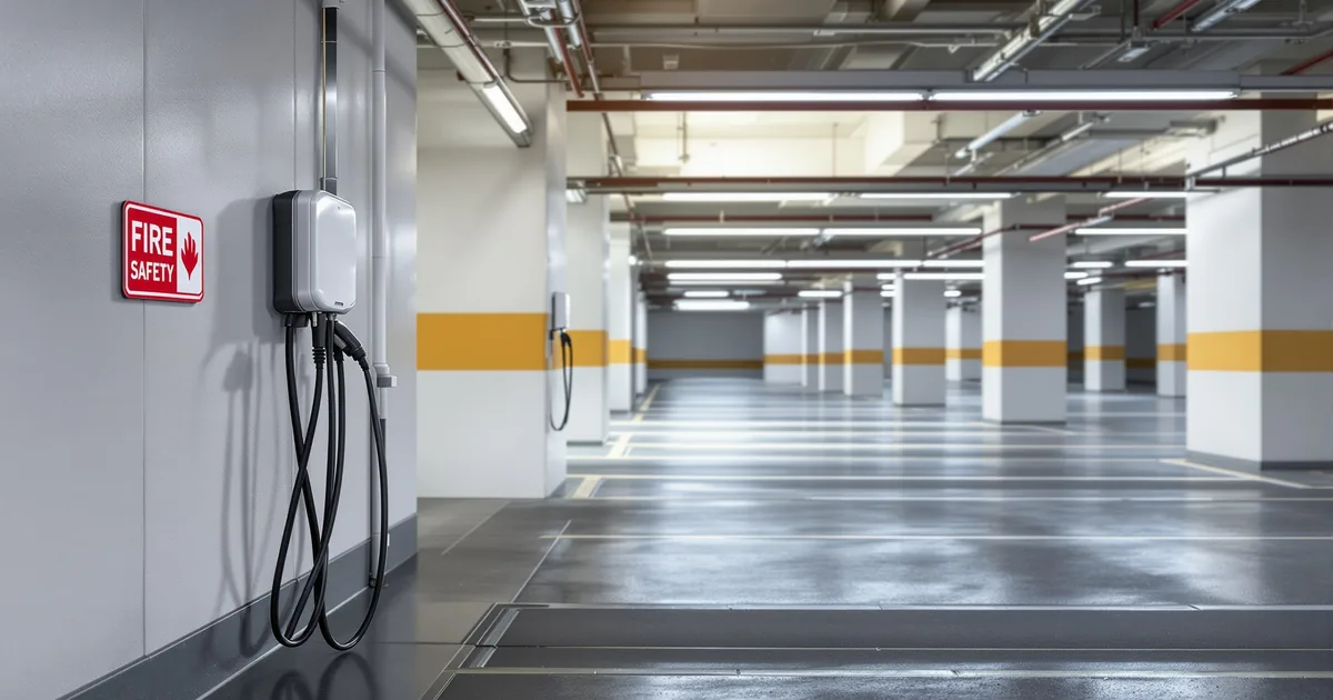 Punkt ładowania samochodu elektrycznego w garażu podziemnym — kontekst zabezpieczeń przeciwpożarowych