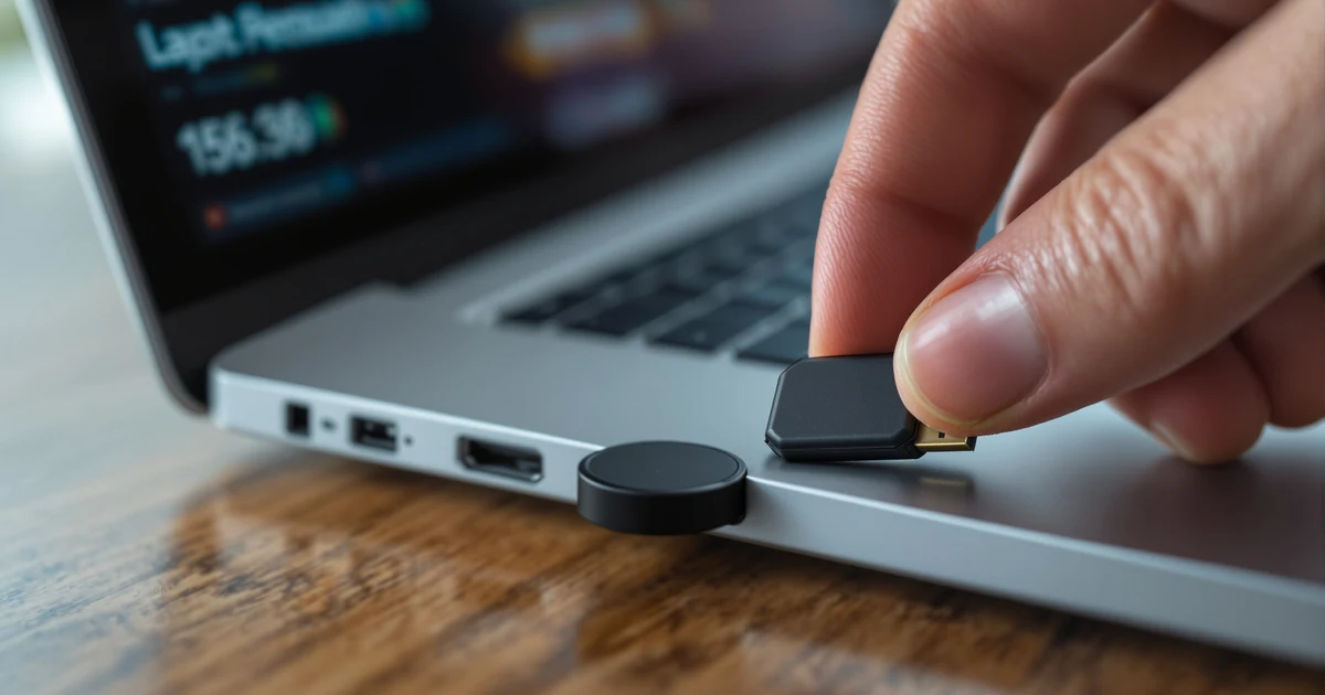 Kwalifikowany podpis elektroniczny — token kryptograficzny USB podłączany do laptopa przy elektronicznym uzgodnieniu projektu urządzeń przeciwpożarowych