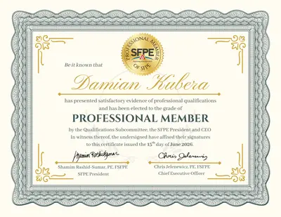 Certyfikat Professional Member SFPE wystawiony dla Damiana Kubery, 15 czerwca 2026