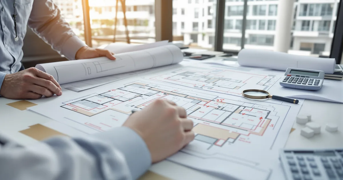 Rzeczoznawca ds. zabezpieczeń przeciwpożarowych analizujący plany budynku z lupą i kalkulatorem — opracowywanie ekspertyzy technicznej i dobór rozwiązań zamiennych dla obiektu istniejącego